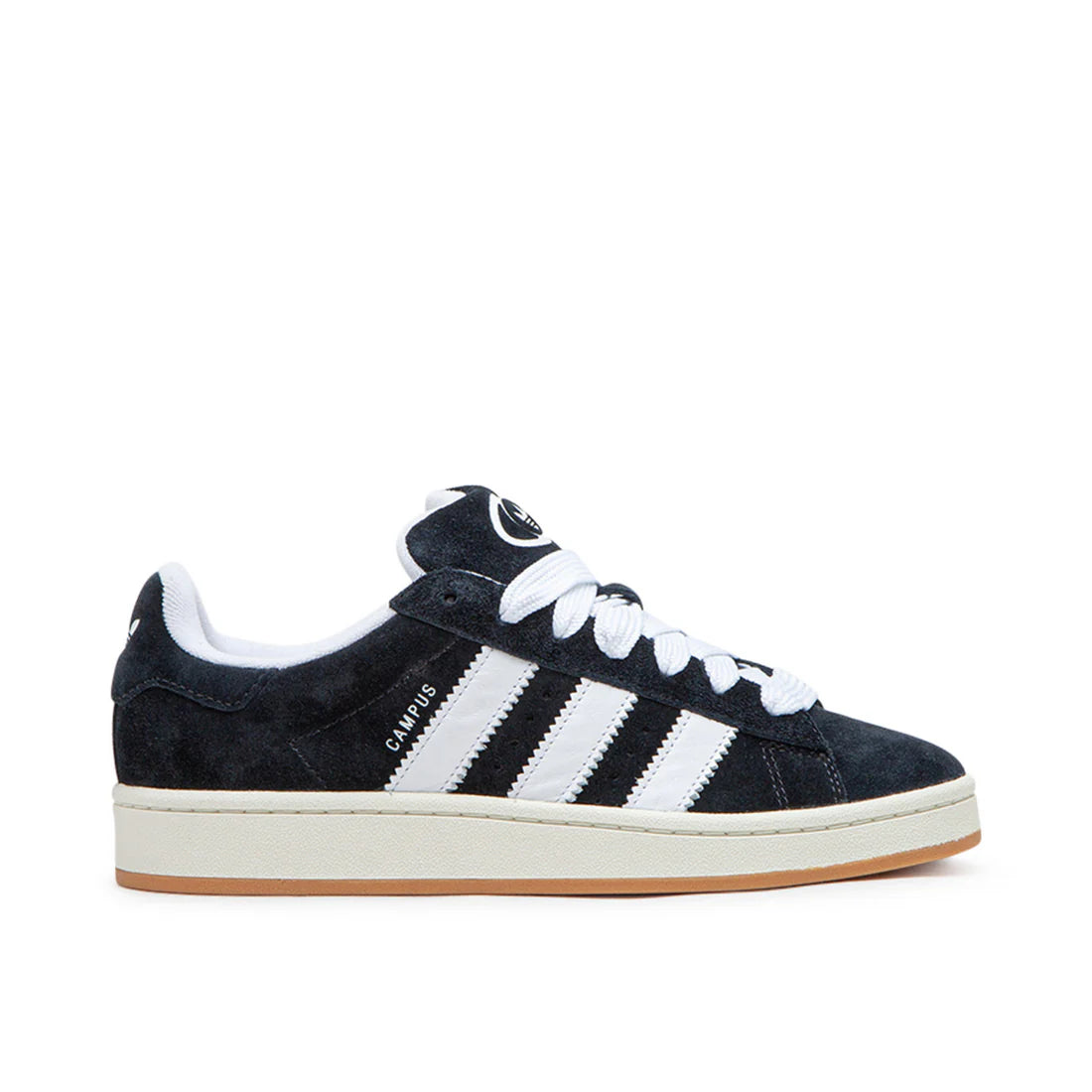 Side view of adidas Campus 00s in black/white, showing suede upper, thick white midsole, and signature 3-Stripes.