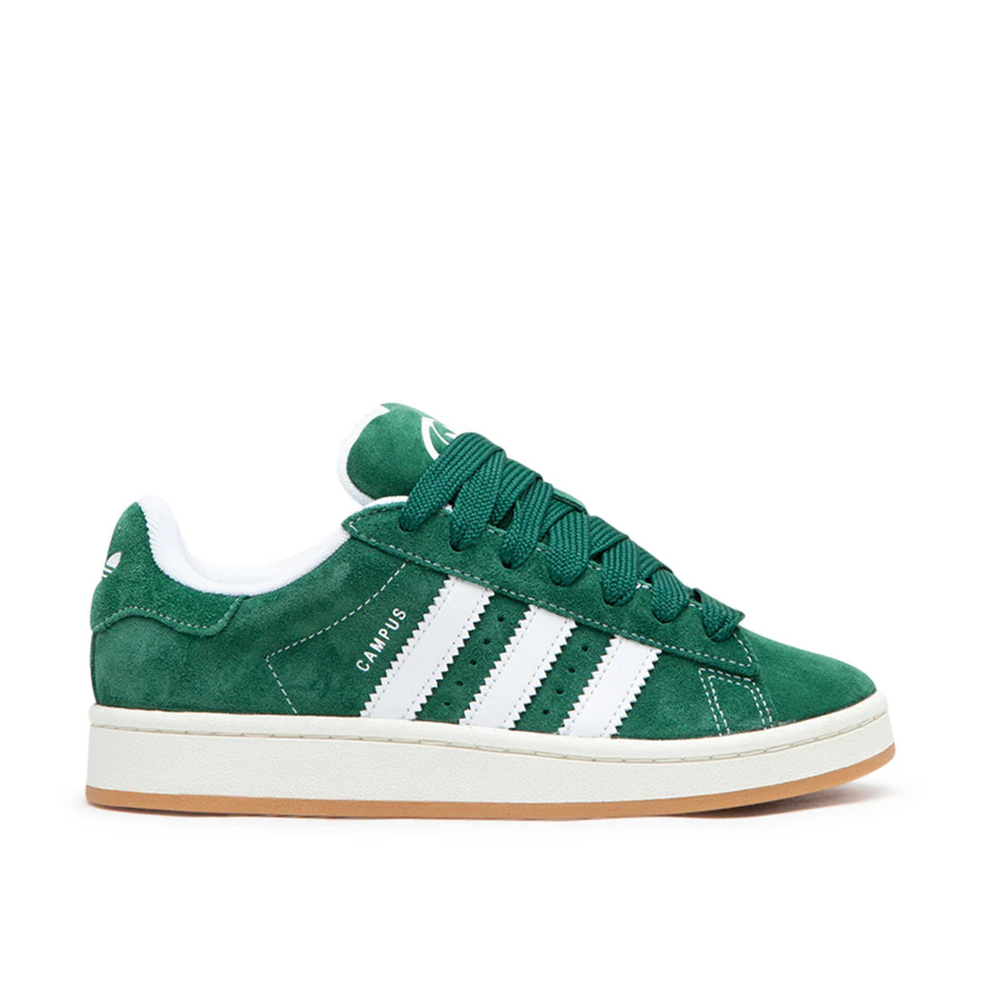 Side view of adidas Campus 00s in green/white, showing suede upper, white stripes, and thick retro midsole.