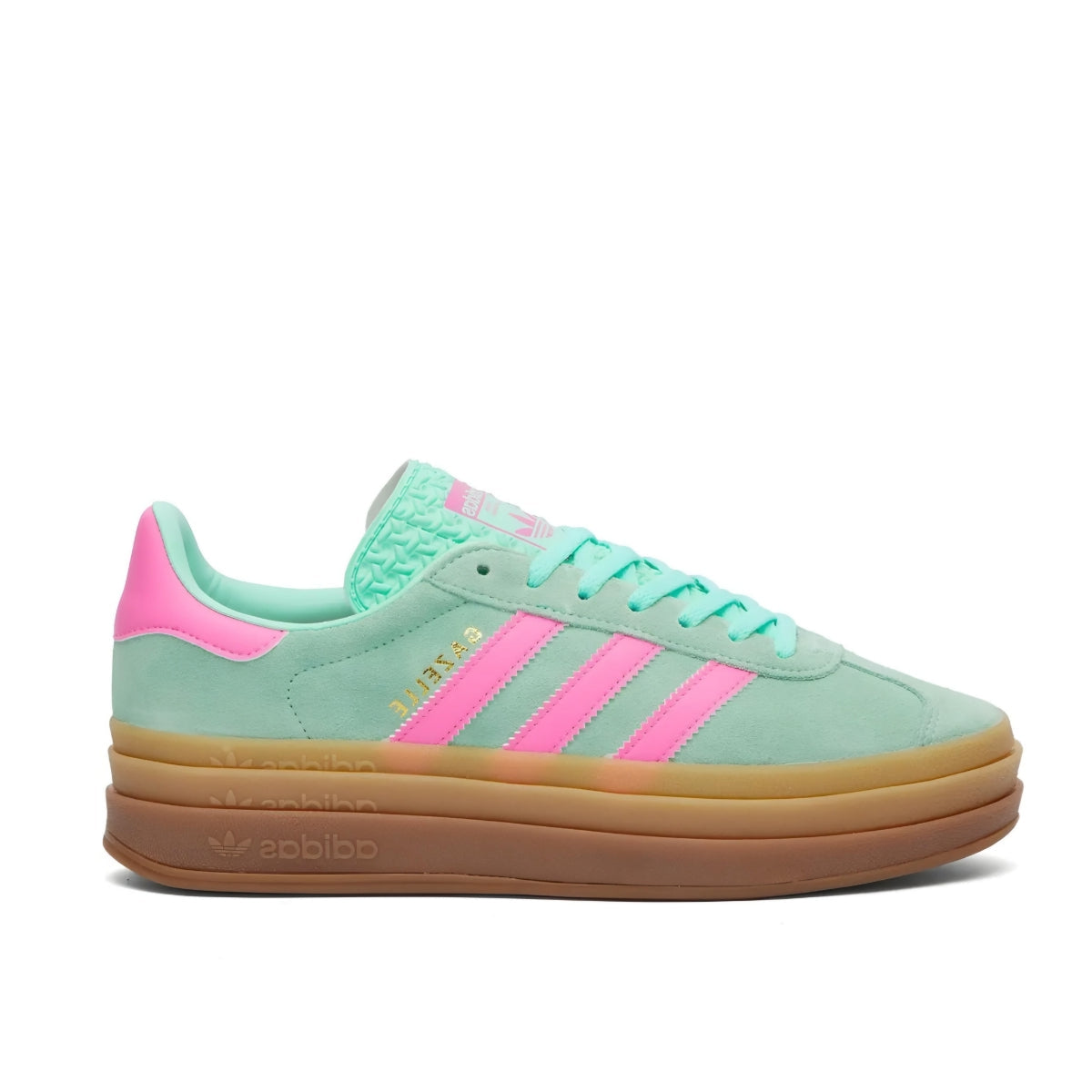 Adidas Women's Gazelle Bold "Pulse Mint" sneaker side profile showing mint green suede upper, vibrant pink serrated 3-Stripes, and thick gum sole.