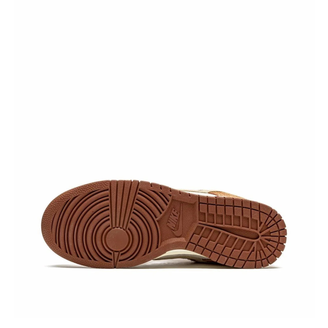 Nike Dunk Low PRM "Medium Curry" sole view showing durable brown rubber outsole with classic pivot circle pattern for traction | Brown and cream sneaker sole