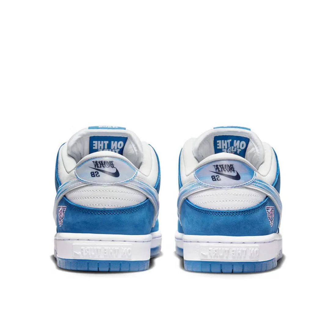 Back view of Nike SB Dunk Low "Born x Raised" shoe featuring mixed materials.