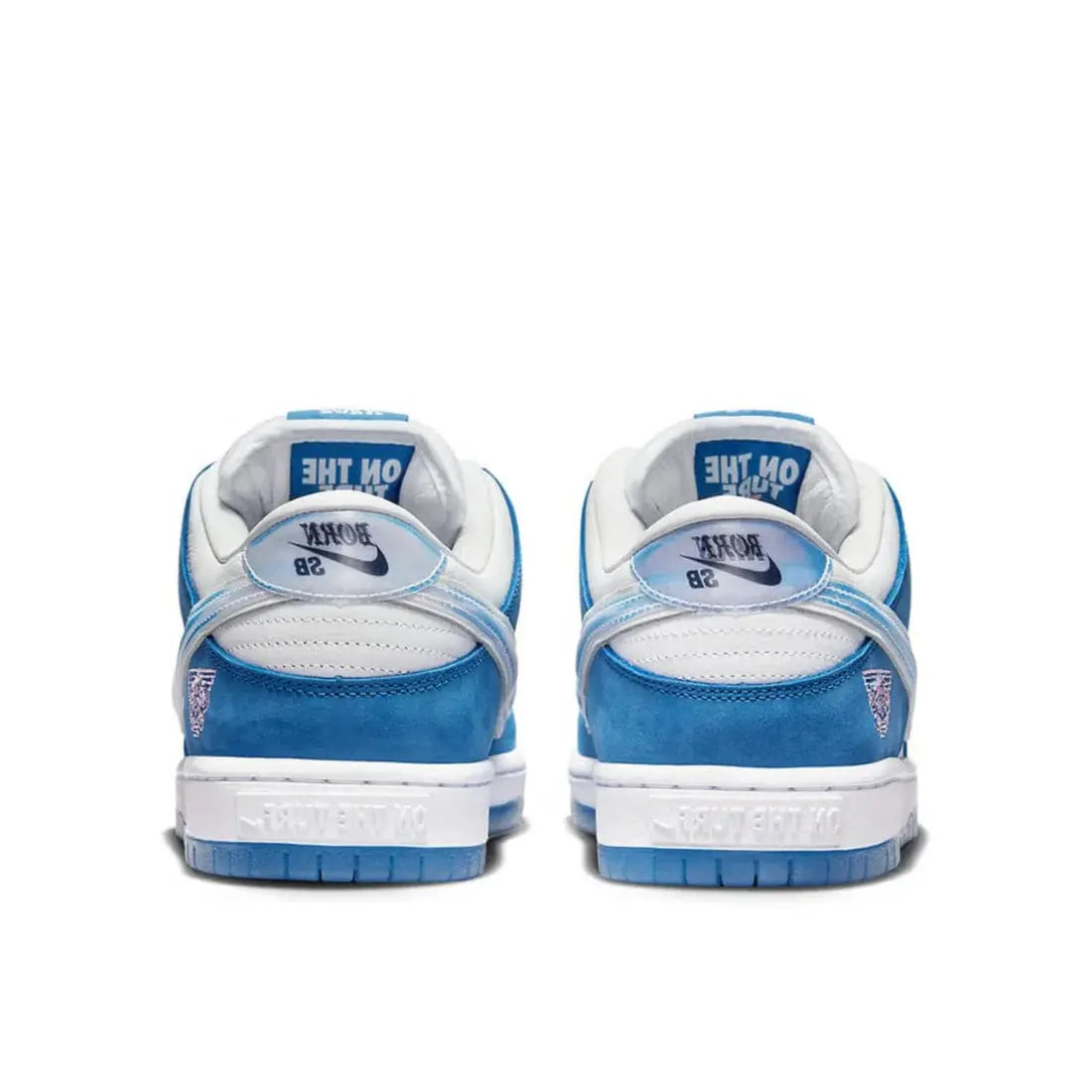 Back view of Nike SB Dunk Low "Born x Raised" shoe featuring mixed materials.