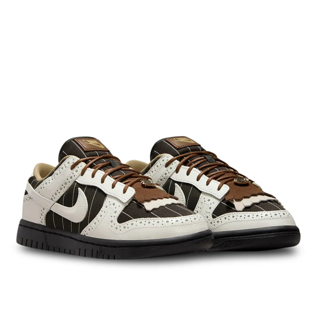 Front view of Nike Dunk Low LX "Summit White and Cacao Wow" in off-white and brown, showcasing perforated toe box and white laces | Luxe brown and white sneakers