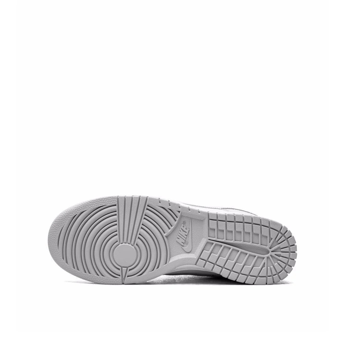 Nike Dunk Low 'Grey Fog' sole view showing durable light grey rubber outsole with classic pivot circle pattern for traction