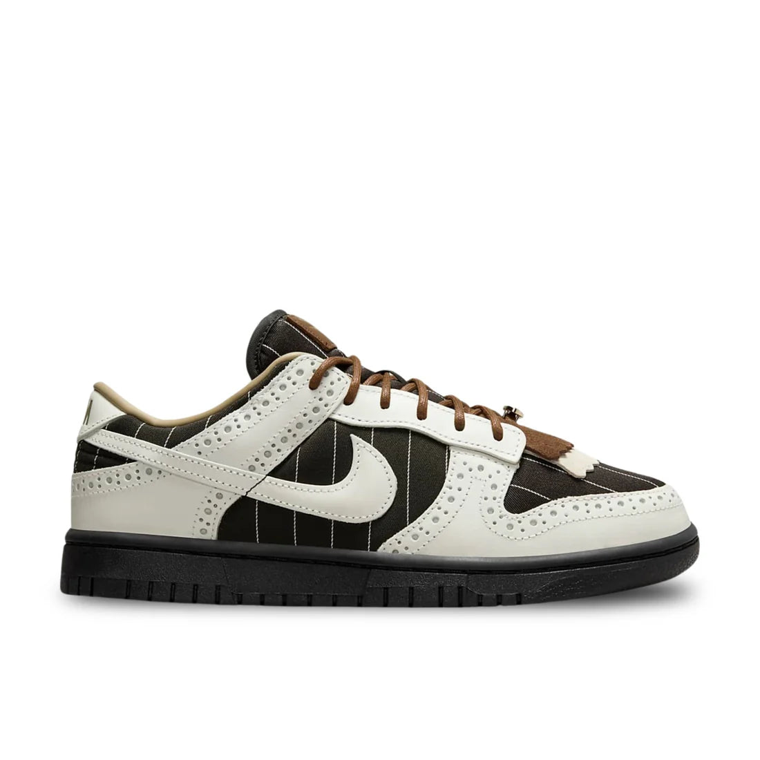 Nike Dunk Low LX "Summit White and Cacao Wow" sneaker side view showing off-white leather base, brown suede overlays, and white midsole | Premium Nike Dunks