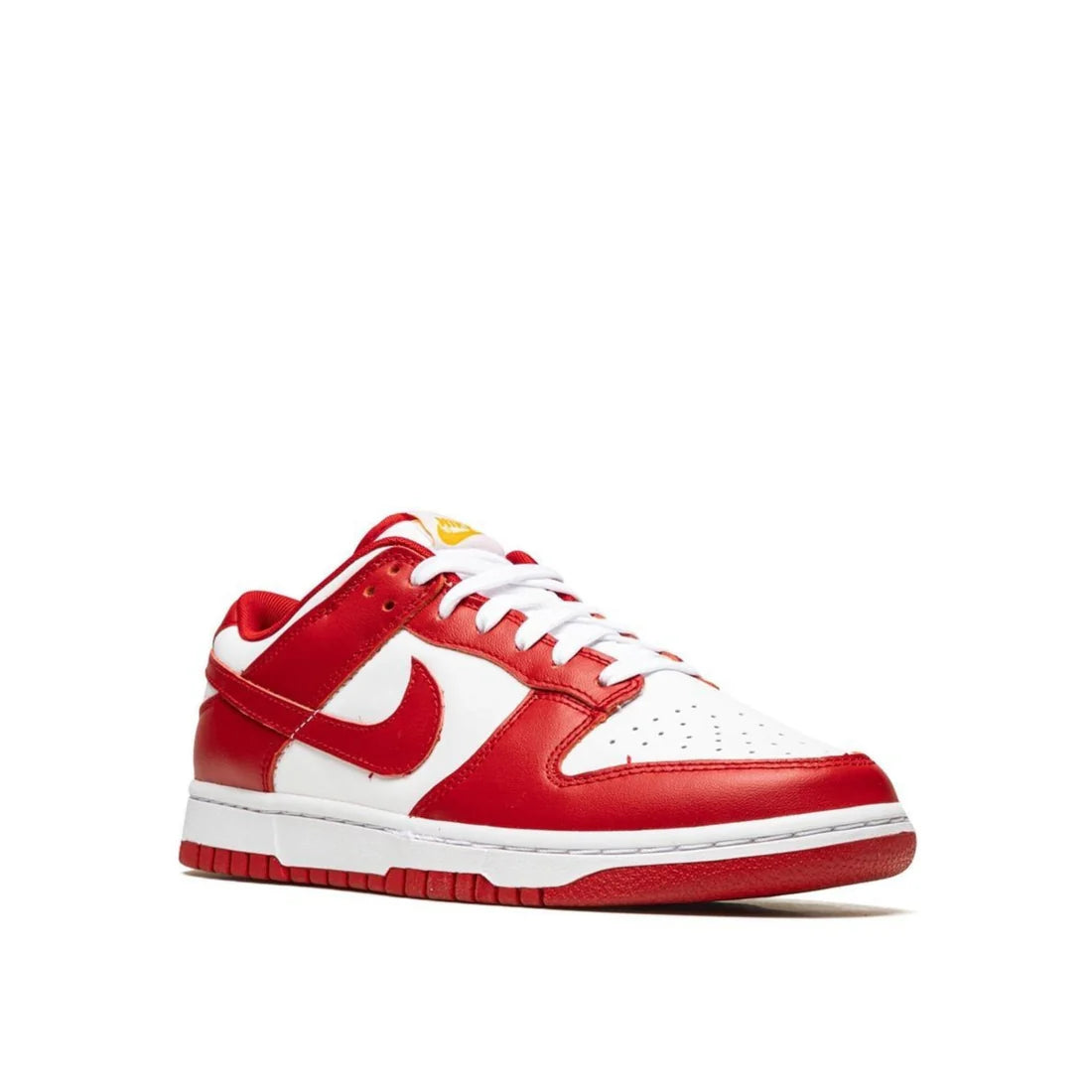 Front view of Nike Dunk Low 'University Red' (2020) in white and red, showcasing perforated toe box and white laces.