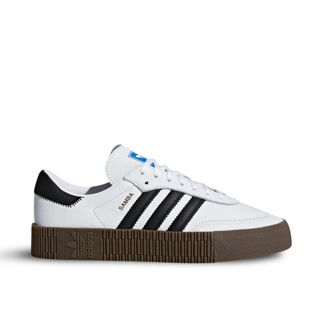 Side view of adidas Sambarose Cloud White, showing gum platform sole, zig-zag toe stitching, and iconic leather stripes.