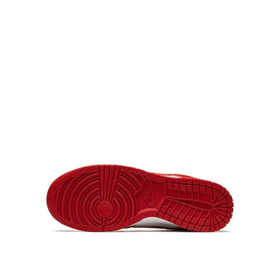 Nike Dunk Low 'University Red' (2020) sole view showing durable red rubber outsole with classic pivot circle pattern for traction
