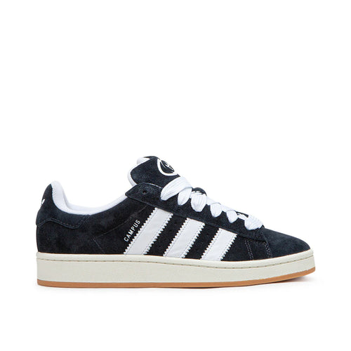 Side view of adidas Campus 00s in black/white, showing suede upper, thick white midsole, and signature 3-Stripes.