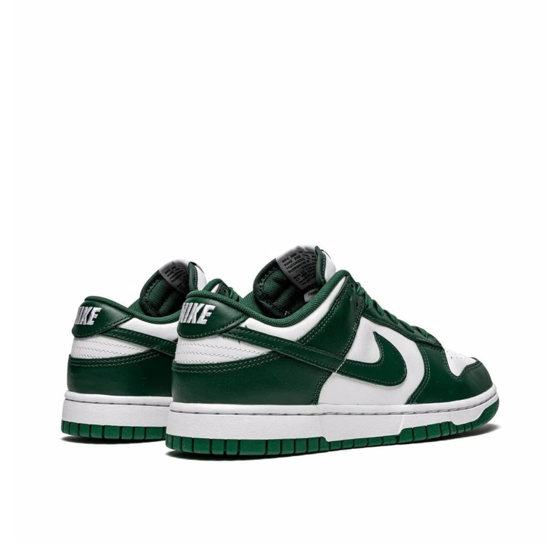 Front view of Nike Dunk Low "Spartan Green" sneaker in white and green, showcasing perforated toe box and white lace
