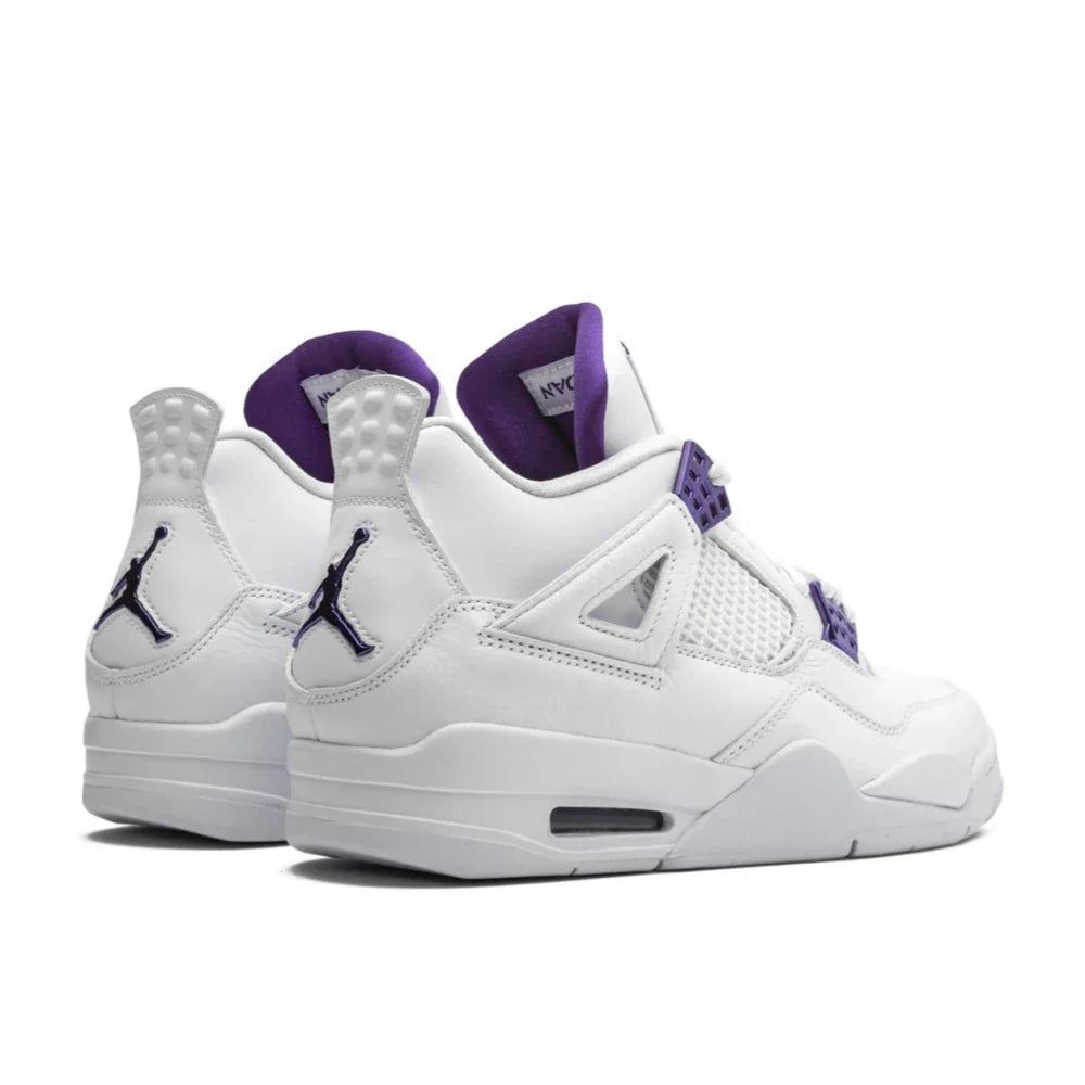 Top-down view of Air Jordan 4 "Metallic Purple" shoe highlighting white leather and mesh upper with purple Jumpman on tongue