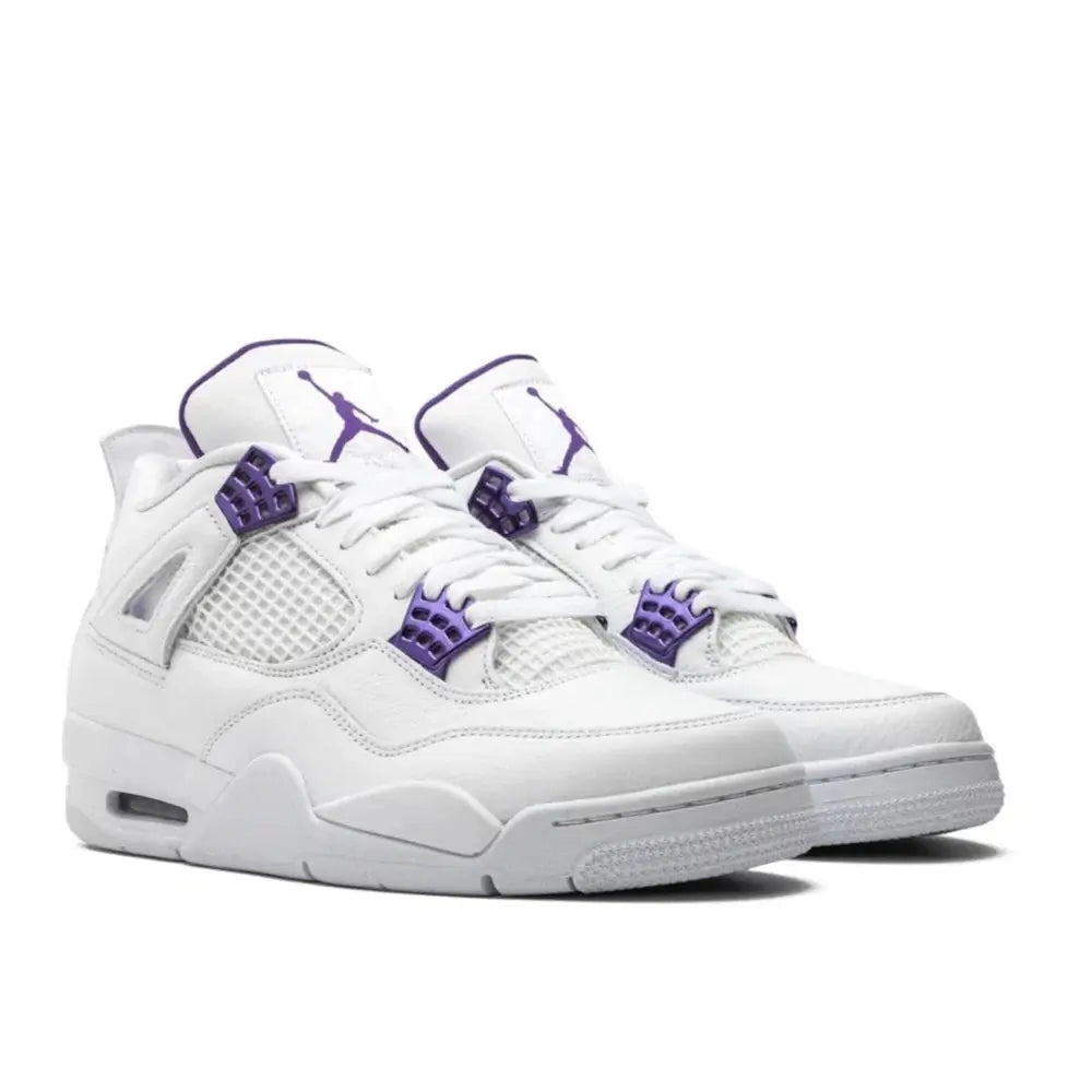 Front view of Air Jordan 4 "Metallic Purple" in white, showcasing purple Jumpman on tongue, mesh netting, and clean toe box