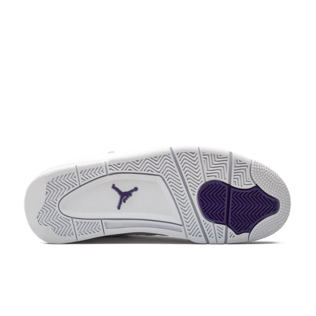 Air Jordan 4 "Metallic Purple" sole view showing white and purple rubber outsole with herringbone traction pattern and exposed Air unit