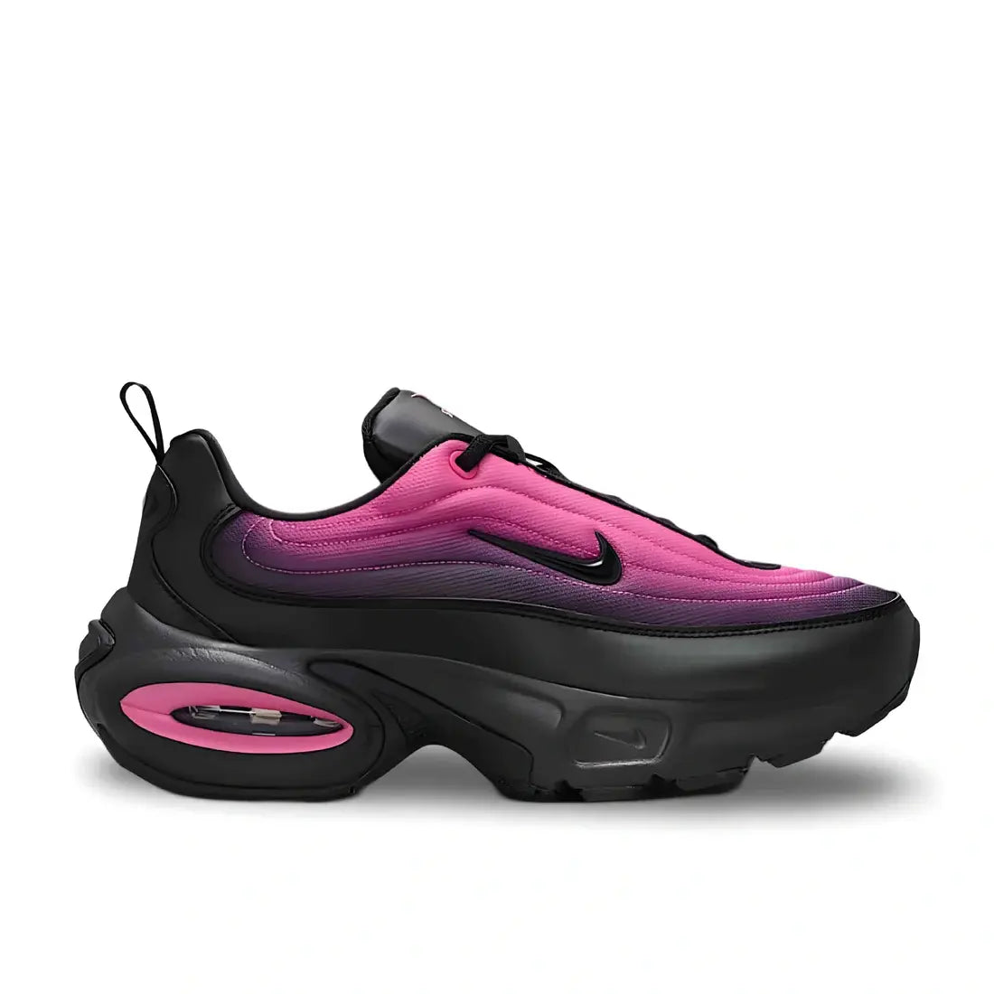 Nike Air Max Portal women's sneaker side view in black, pinksicle, and black with prominent Air Max unit