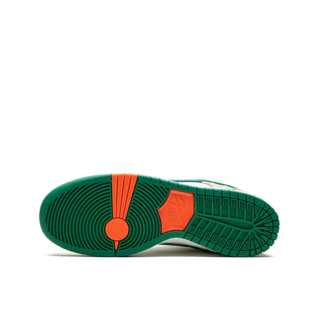 Nike SB Dunk Low "Jarritos" sole view showing durable gum rubber outsole with green pivot circle and traction pattern 