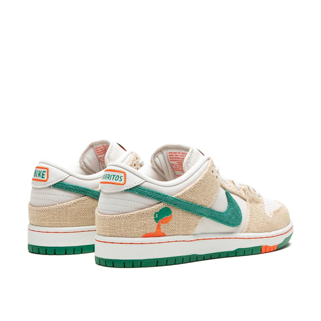 Top-down view of Nike SB Dunk Low "Jarritos" shoe highlighting white canvas upper, green laces, and custom Jarritos tongue tag | Unique tear-away sneakers