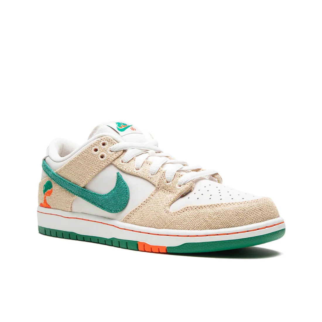 Front view of Nike SB Dunk Low "Jarritos" sneaker in white canvas, green laces, and orange tongue branding | Collaborative skate shoe
