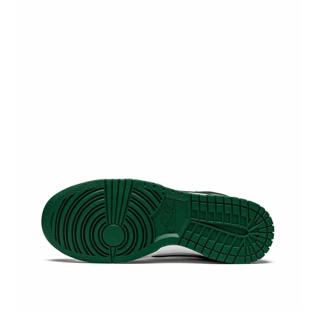 Nike Dunk Low "Spartan Green" sole view showing durable green rubber outsole with classic pivot circle pattern for traction