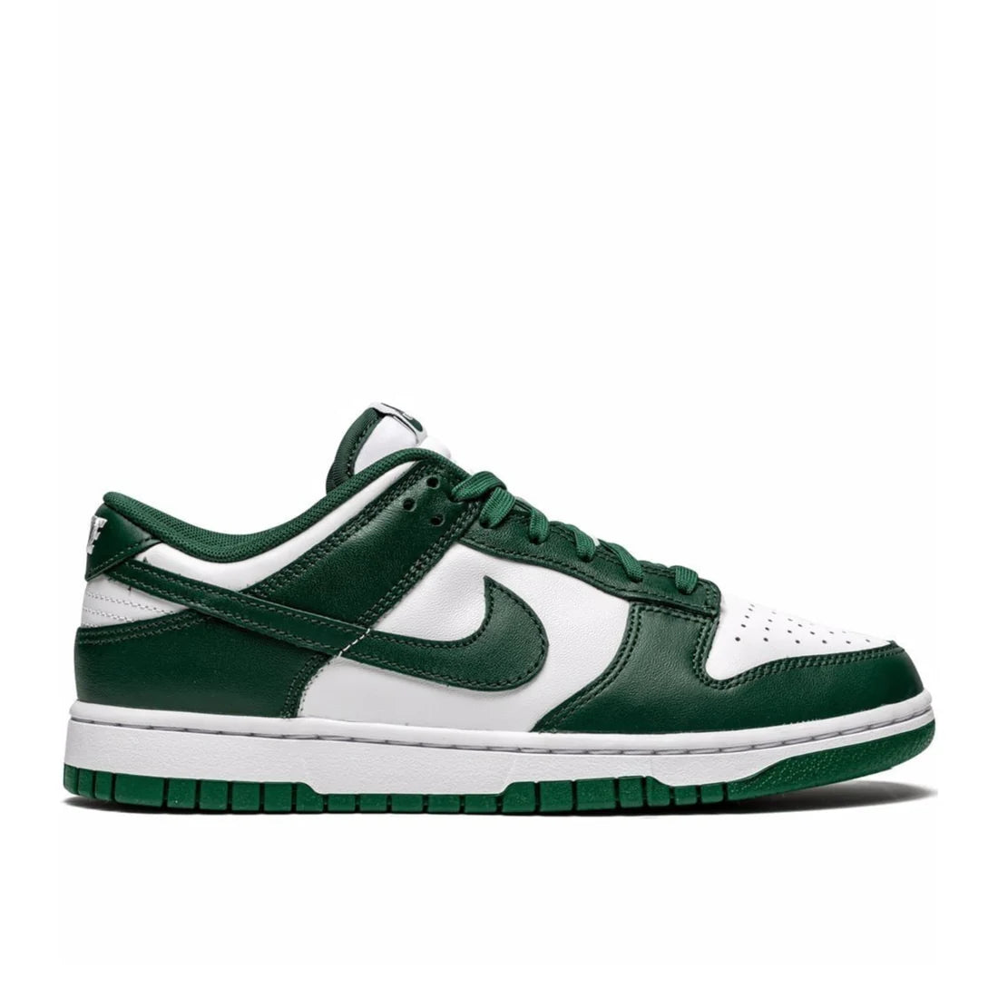 Nike Dunk Low "Spartan Green" sneaker side view showing white leather base, green overlays, and white midsole | Classic Nike Dunks South Africa