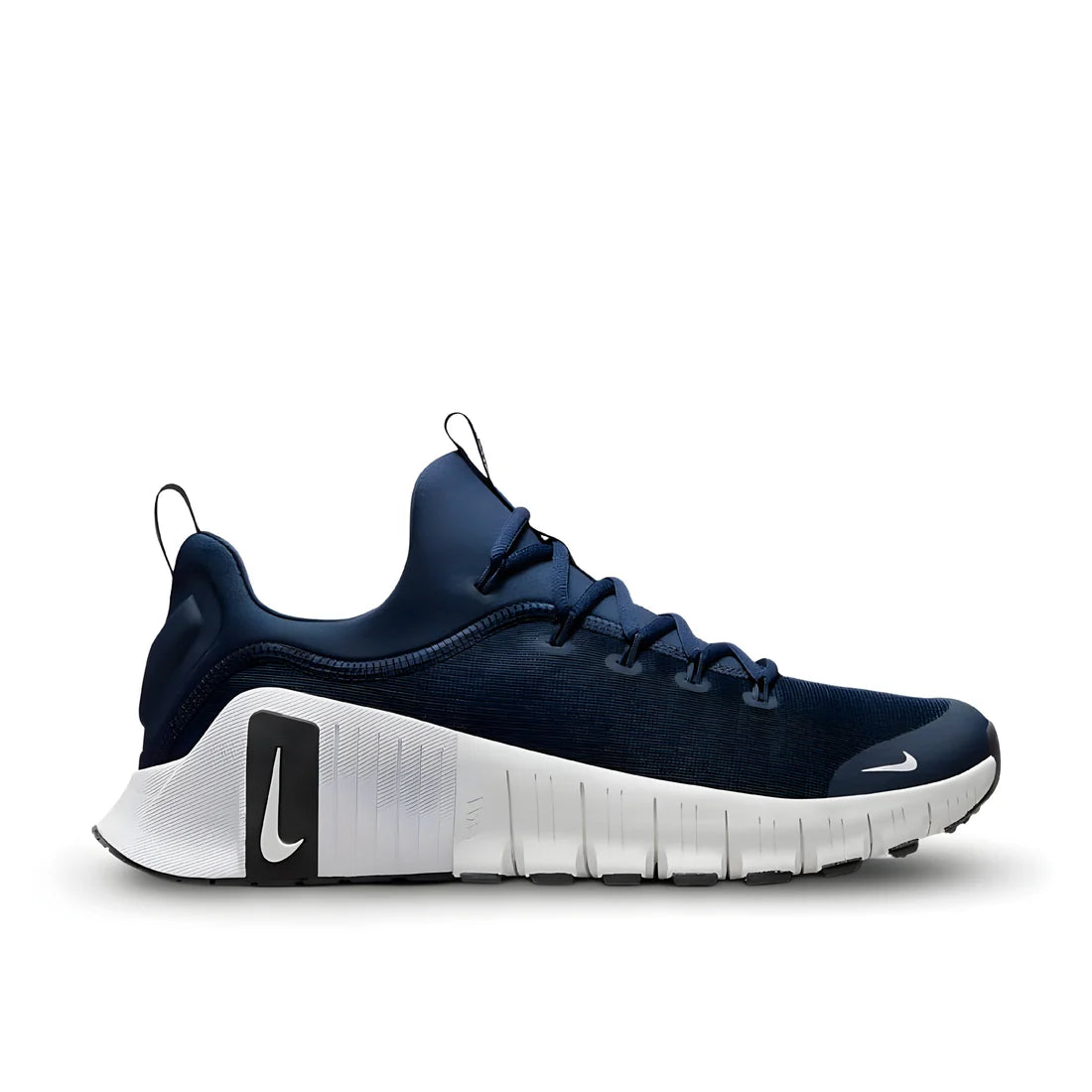 Nike Free Metcon 6 "College Navy/Black/White" training shoe side view showing dark blue mesh upper, black details, white sole, and flexible forefoot