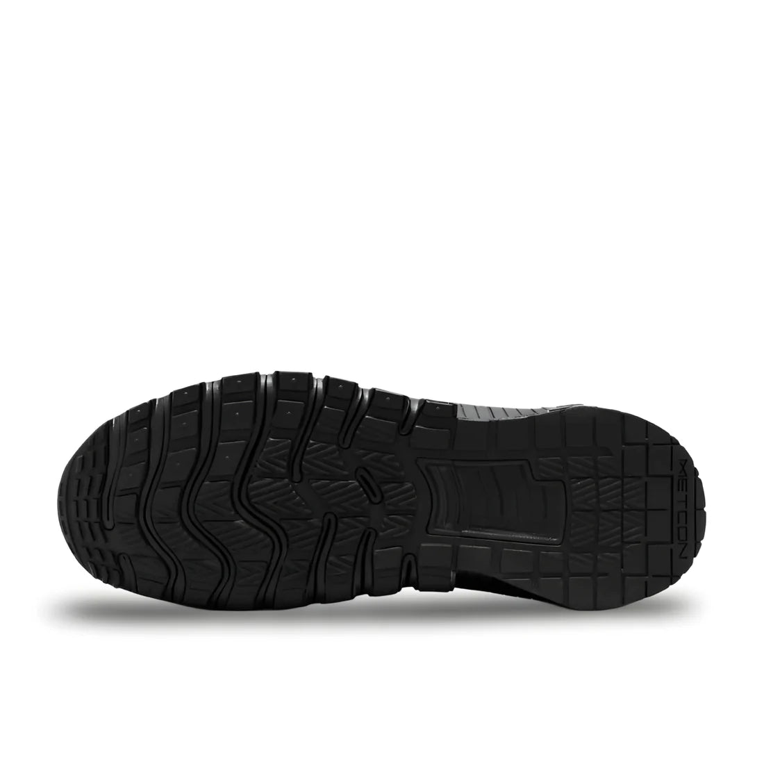 Nike Free Metcon 6 "Full Black" sole view showing multi-directional black rubber outsole pattern for grip and flexible forefoot grooves.