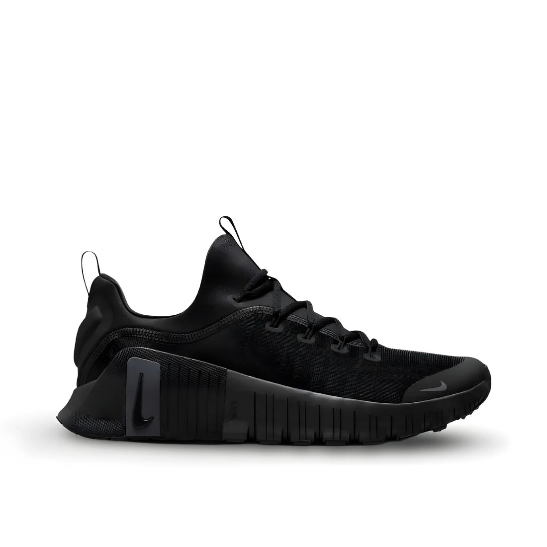 Nike Free Metcon 6 "Full Black" training shoe side view showing all-black mesh upper, flexible sole, and durable rubber outsole 