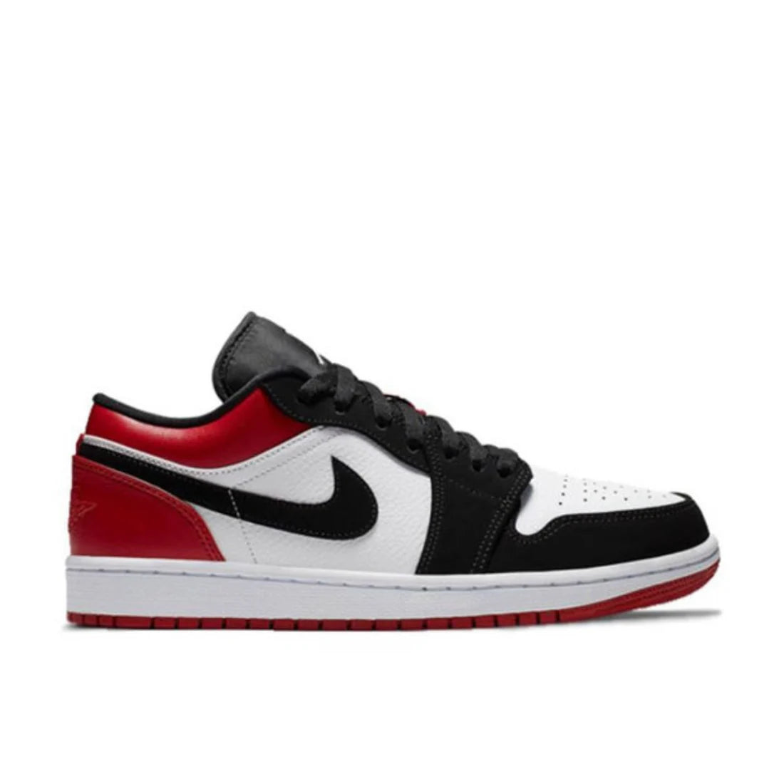 Side view of Air Jordan 1 Low Black Toe, showing leather overlays, red heel panel, and classic color blocking.