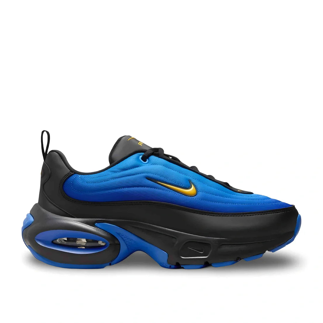 Side view of Nike Air Max Portal in blue/black/gold, showing visible Air Max unit, mesh upper, and sculpted midsole.
