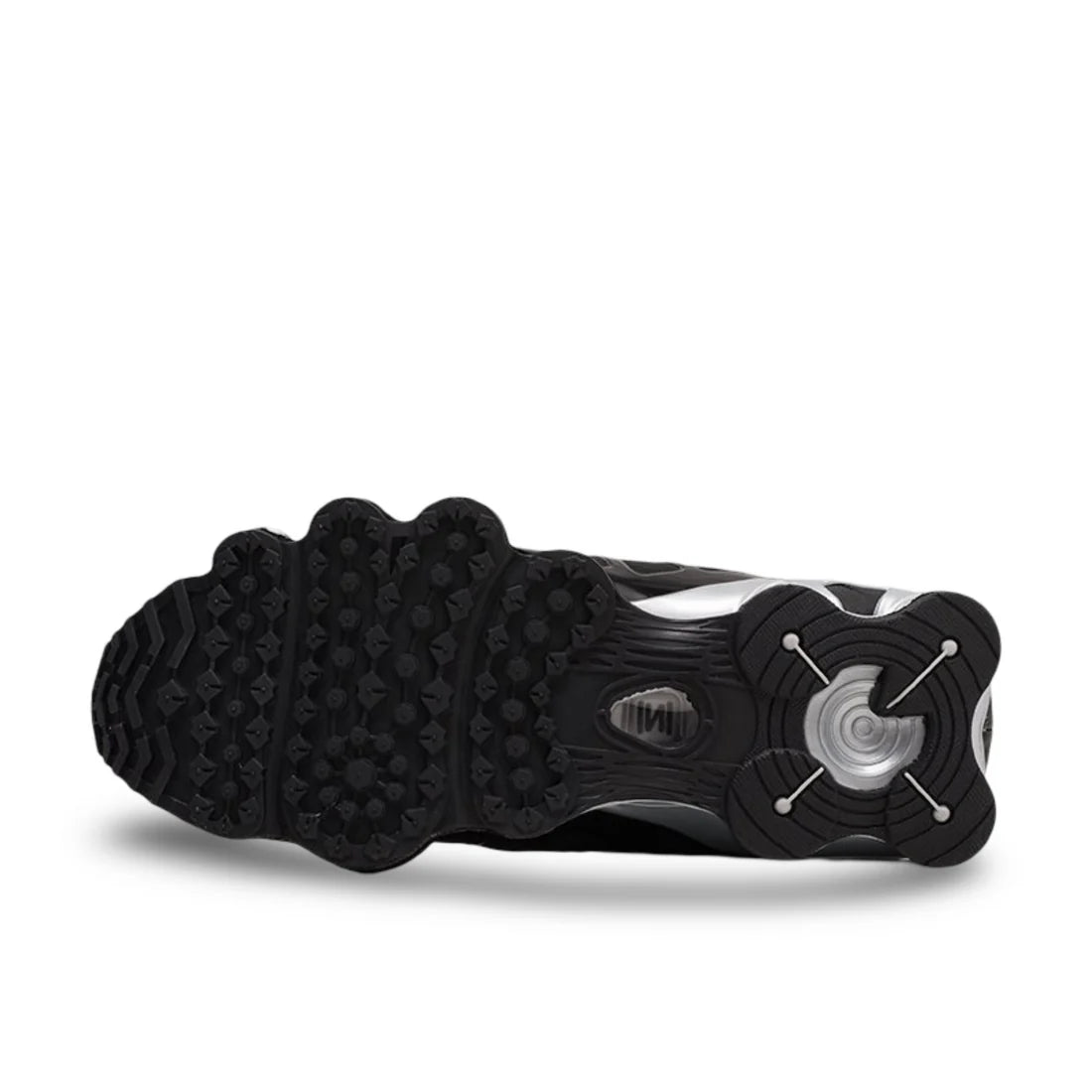 Nike Shox TL "Black/Metallic Silver" sole view displaying durable silver rubber outsole 