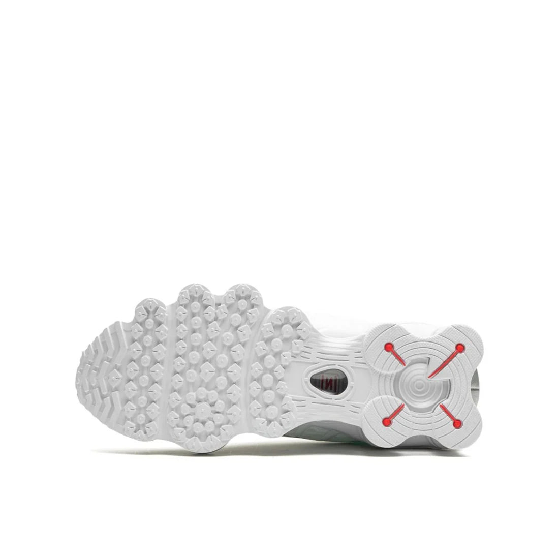 Nike Shox TL "Silver White" sole view displaying durable rubber outsole with full-length Shox columns and traction patterns in silver and white