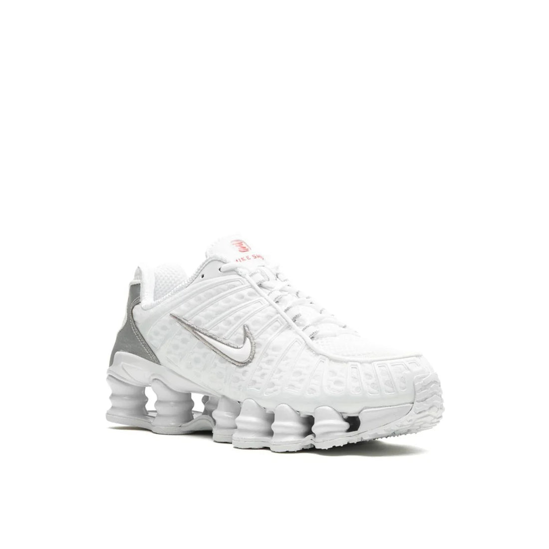 Front view of Nike Shox TL "Silver White" shoe, highlighting silver-grey toe box, white lacing system, and unique caged upper design