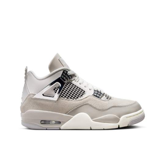 Air Jordan 4 "Frozen Moments" sneaker side view showing light grey suede upper, shimmering silver-grey chrome eyelets, and visible Air unit | Elegant Jordan 4s