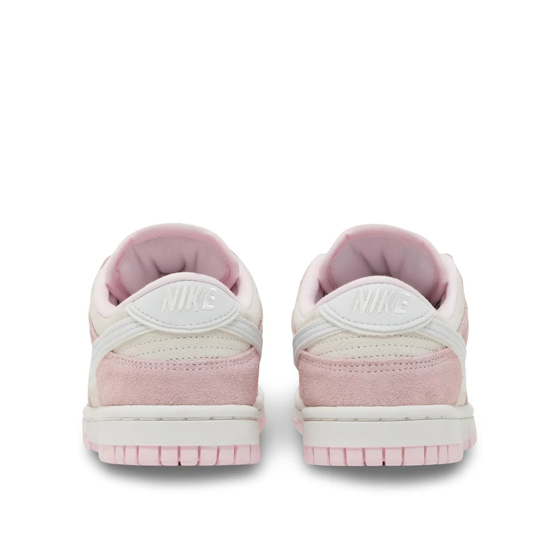 Top-down view of Nike Women's Dunk Low LX "Pink Foam" shoe highlighting white and pink leather/suede upper