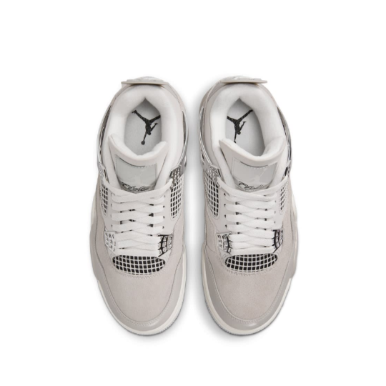 Top-down view of Air Jordan 4 "Frozen Moments" shoe highlighting light grey suede and mesh upper with metallic silver accents.
