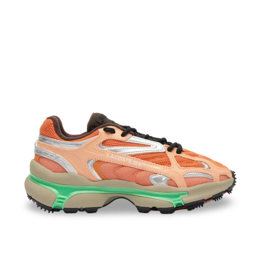 Side view of Lacoste L003 2K24 in orange, showing mesh upper, sculpted midsole, and bold croc side branding.