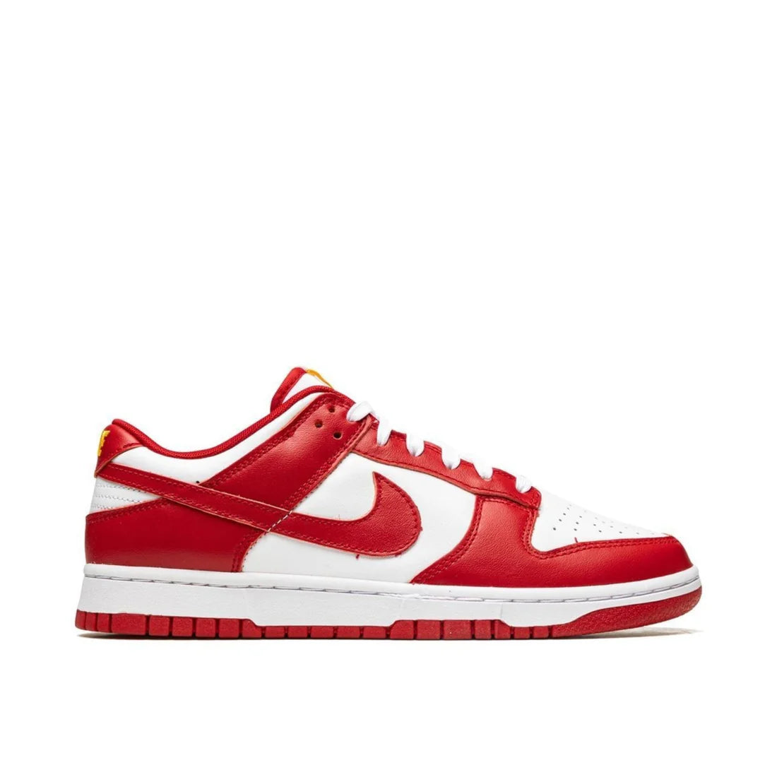 Nike Dunk Low 'University Red' (2020) sneaker side view showing white leather base, vibrant red overlays, and white midsole